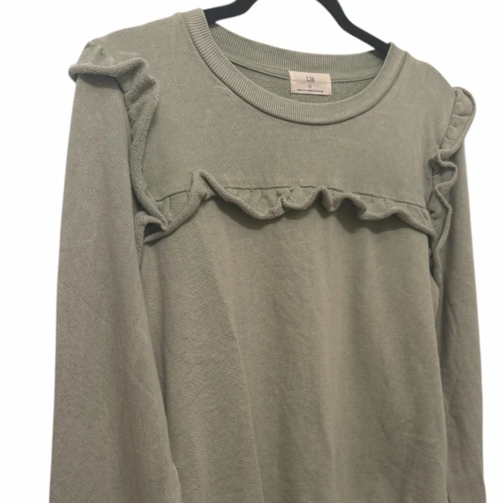 T.LA Anthropologie Green Distressed Ruffle Pullover Sweatshirt size‎ large NWT